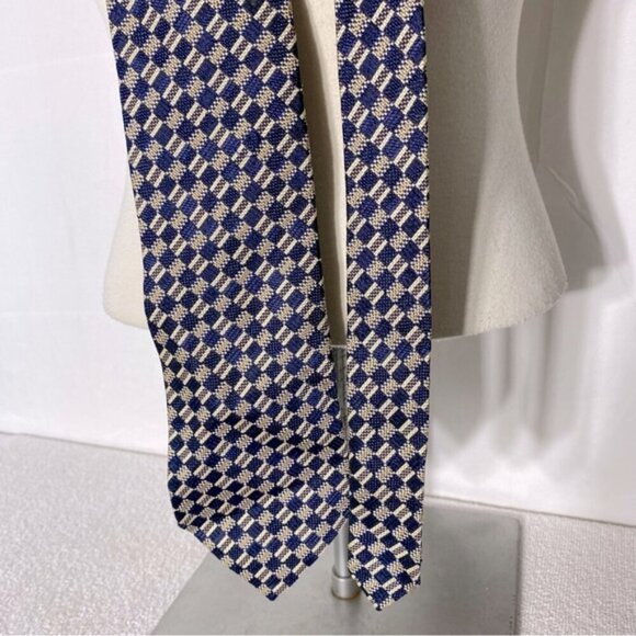 Vintage Ermenegildo Zegna Blue Tan Square Print 100% Silk Tie - Picture 9 of 9